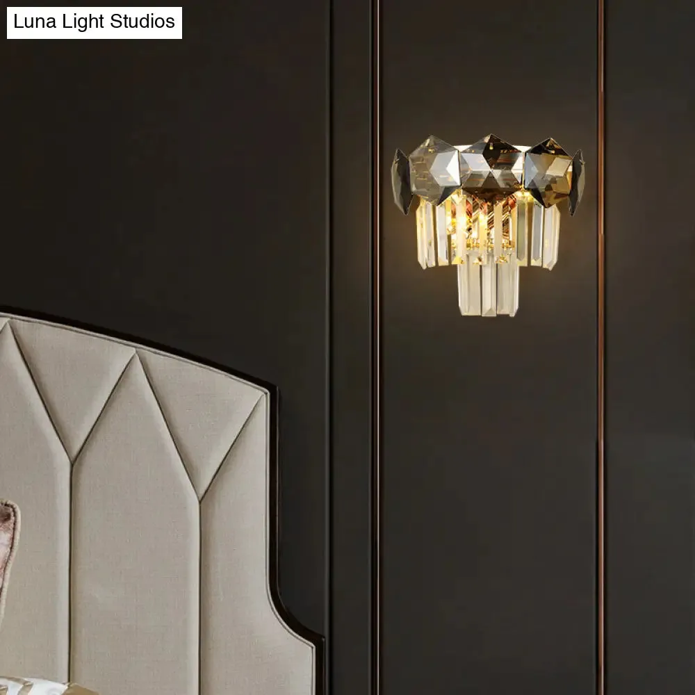 Smoke Gray Vintage Faceted Wall Sconce with Modernist Design - 2 Bulbs Wall Light Fixture for Restaurants