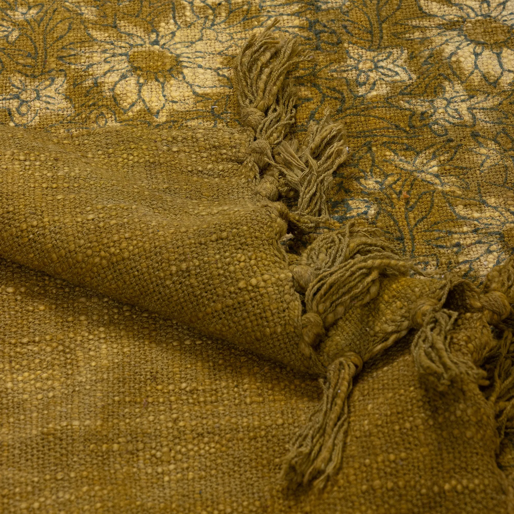 Soft Premium Mustard Sun Flower Block Print Sofa Throw Pure Cotton For Home Decor