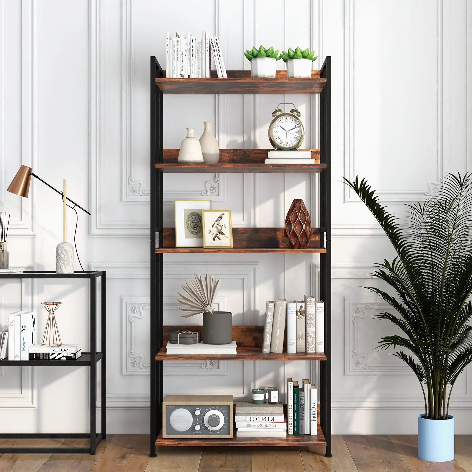 Tangkula Bookshelf, 5 Tier Industrial Book Shelf with Adjustable Shelves and Metal Frame