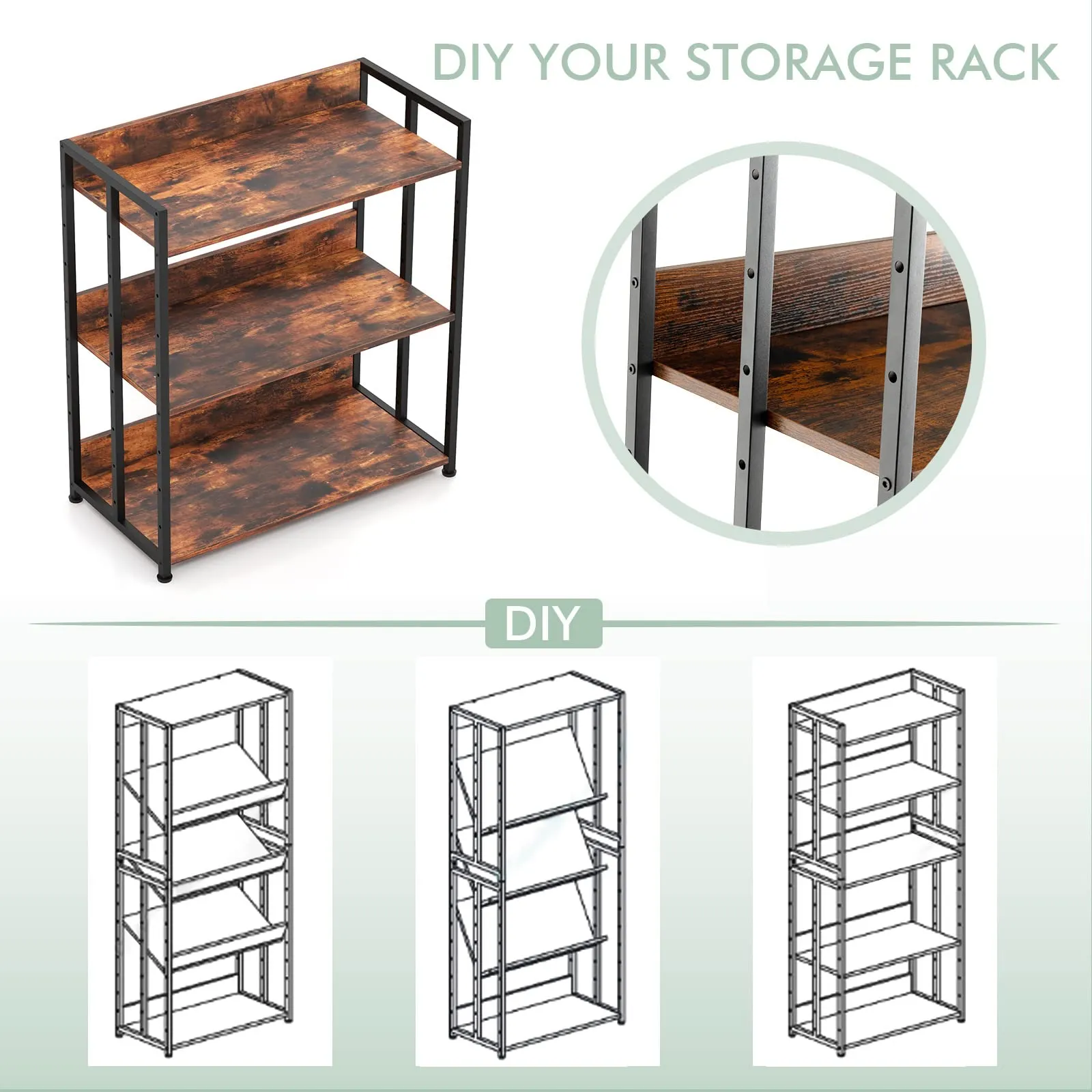 Tangkula Bookshelf, 5 Tier Industrial Book Shelf with Adjustable Shelves and Metal Frame