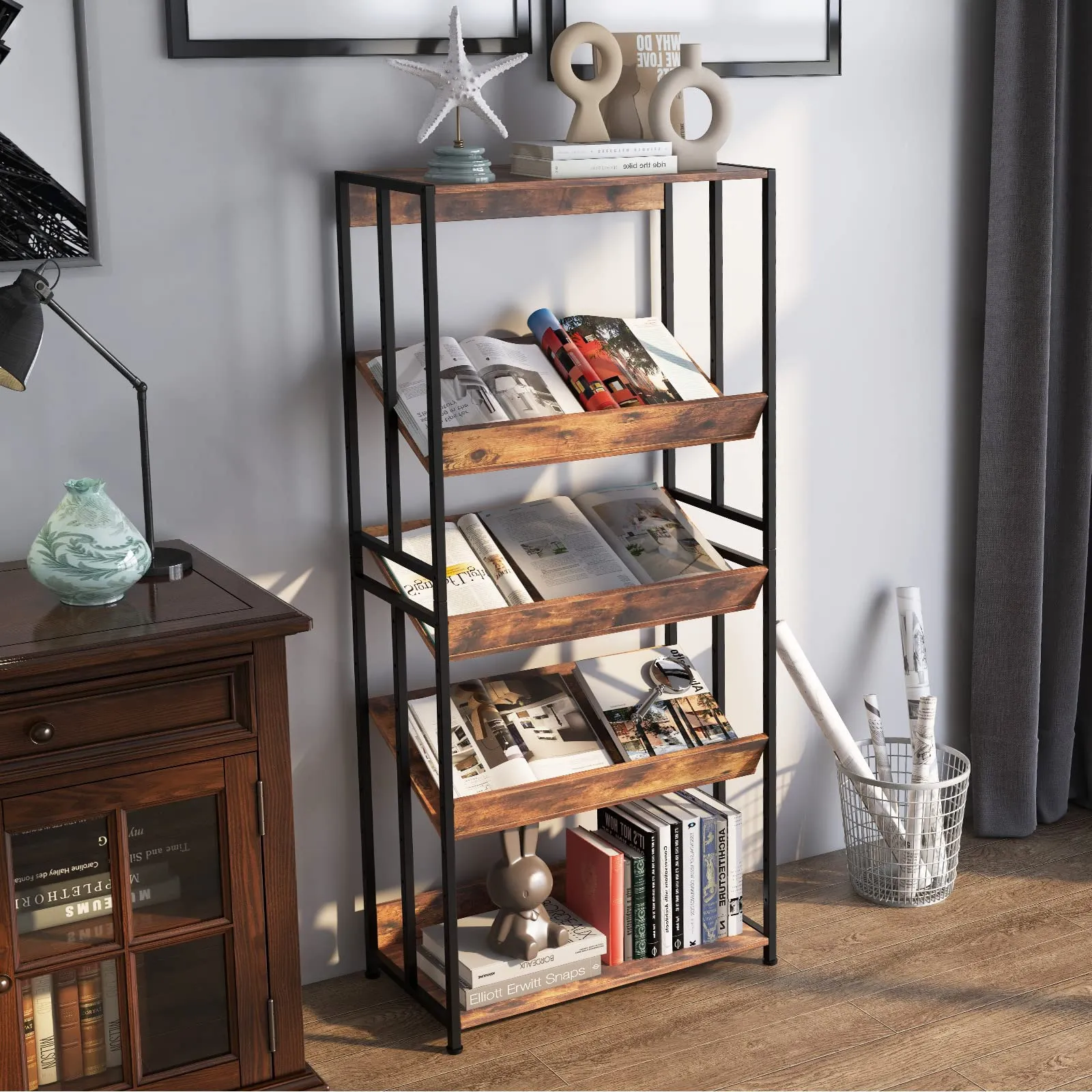 Tangkula Bookshelf, 5 Tier Industrial Book Shelf with Adjustable Shelves and Metal Frame
