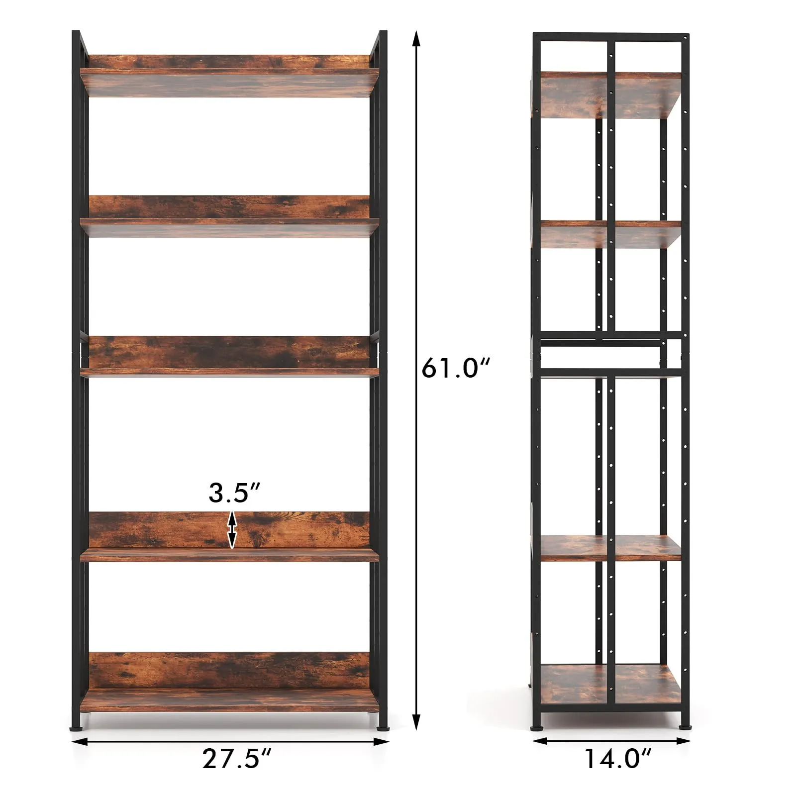 Tangkula Bookshelf, 5 Tier Industrial Book Shelf with Adjustable Shelves and Metal Frame