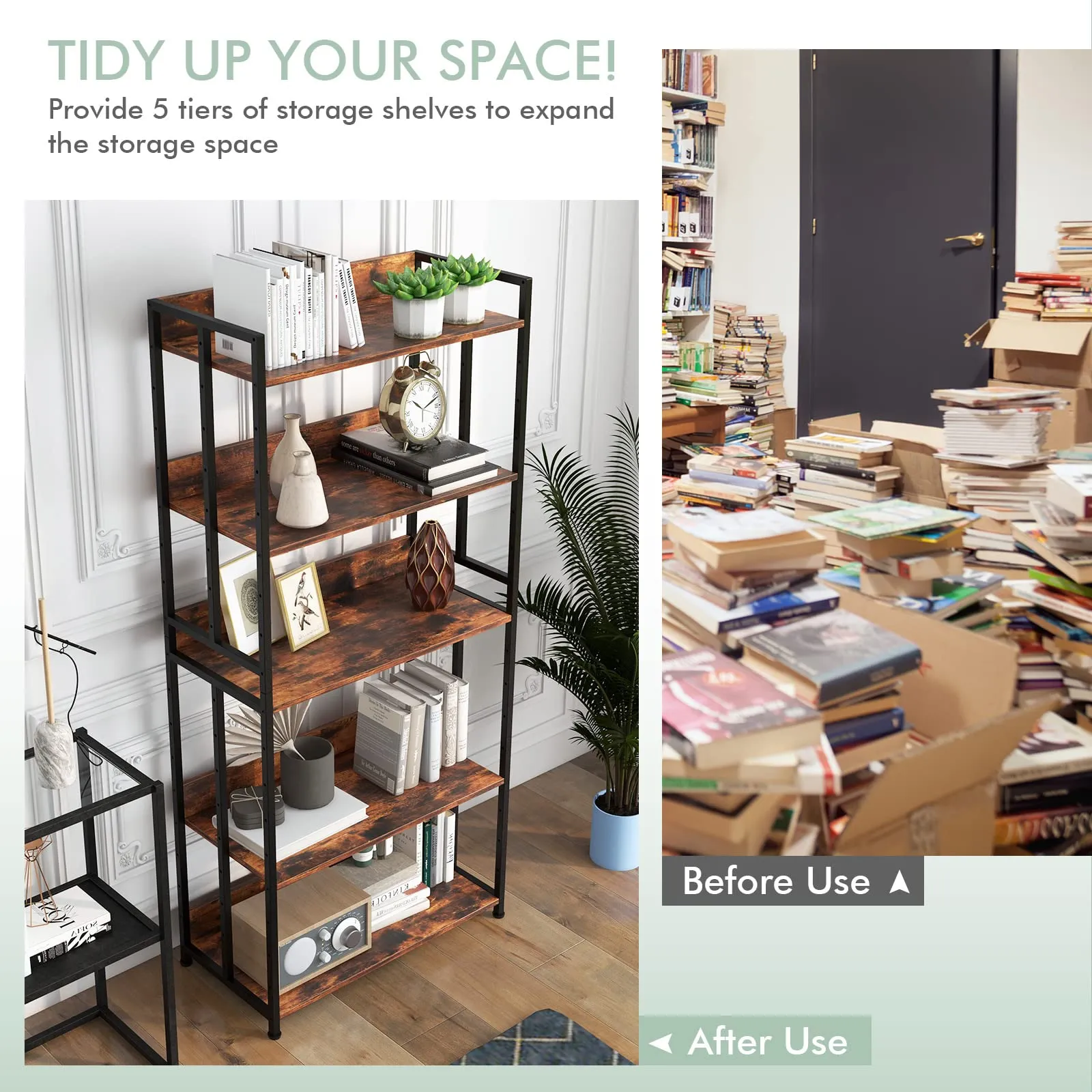 Tangkula Bookshelf, 5 Tier Industrial Book Shelf with Adjustable Shelves and Metal Frame