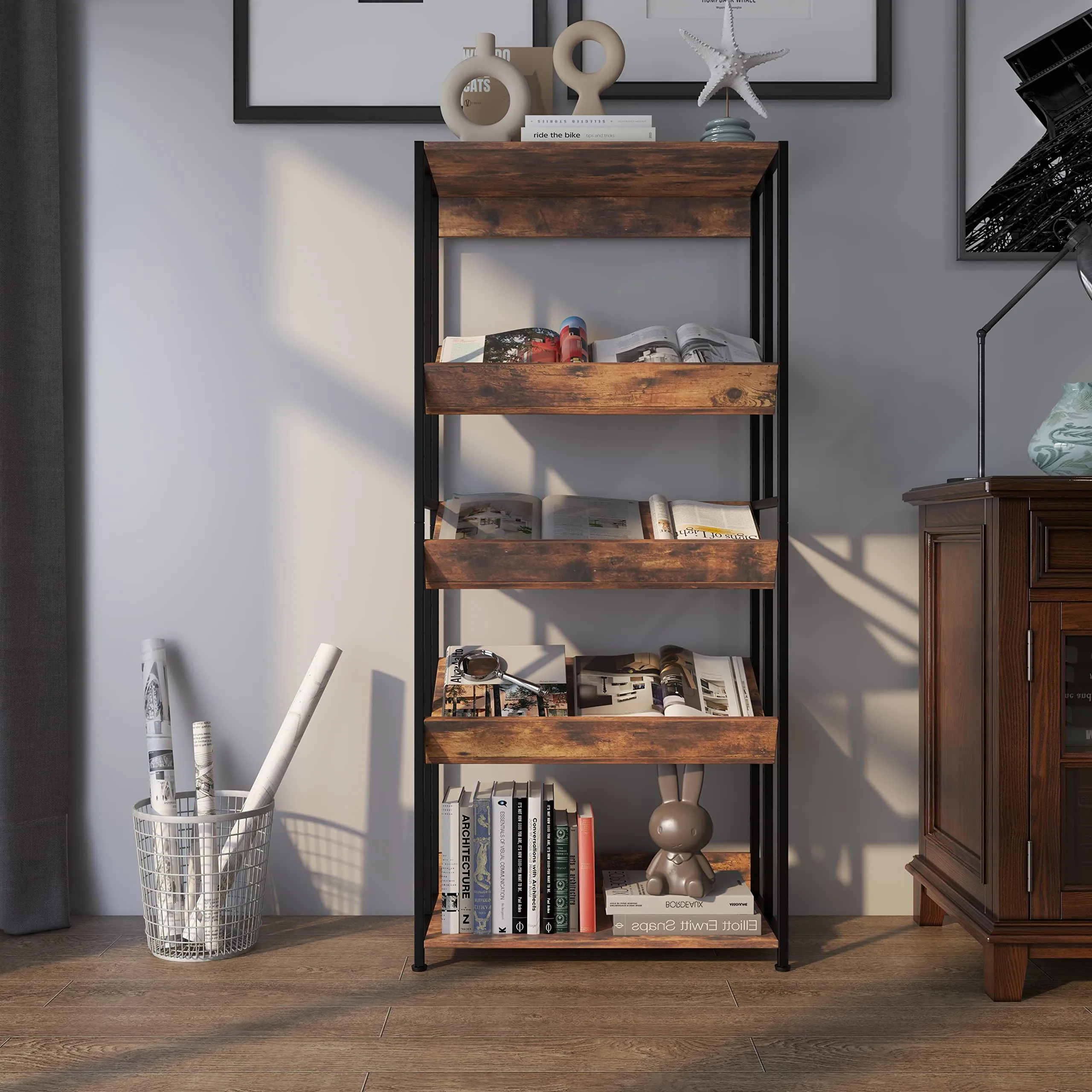 Tangkula Bookshelf, 5 Tier Industrial Book Shelf with Adjustable Shelves and Metal Frame