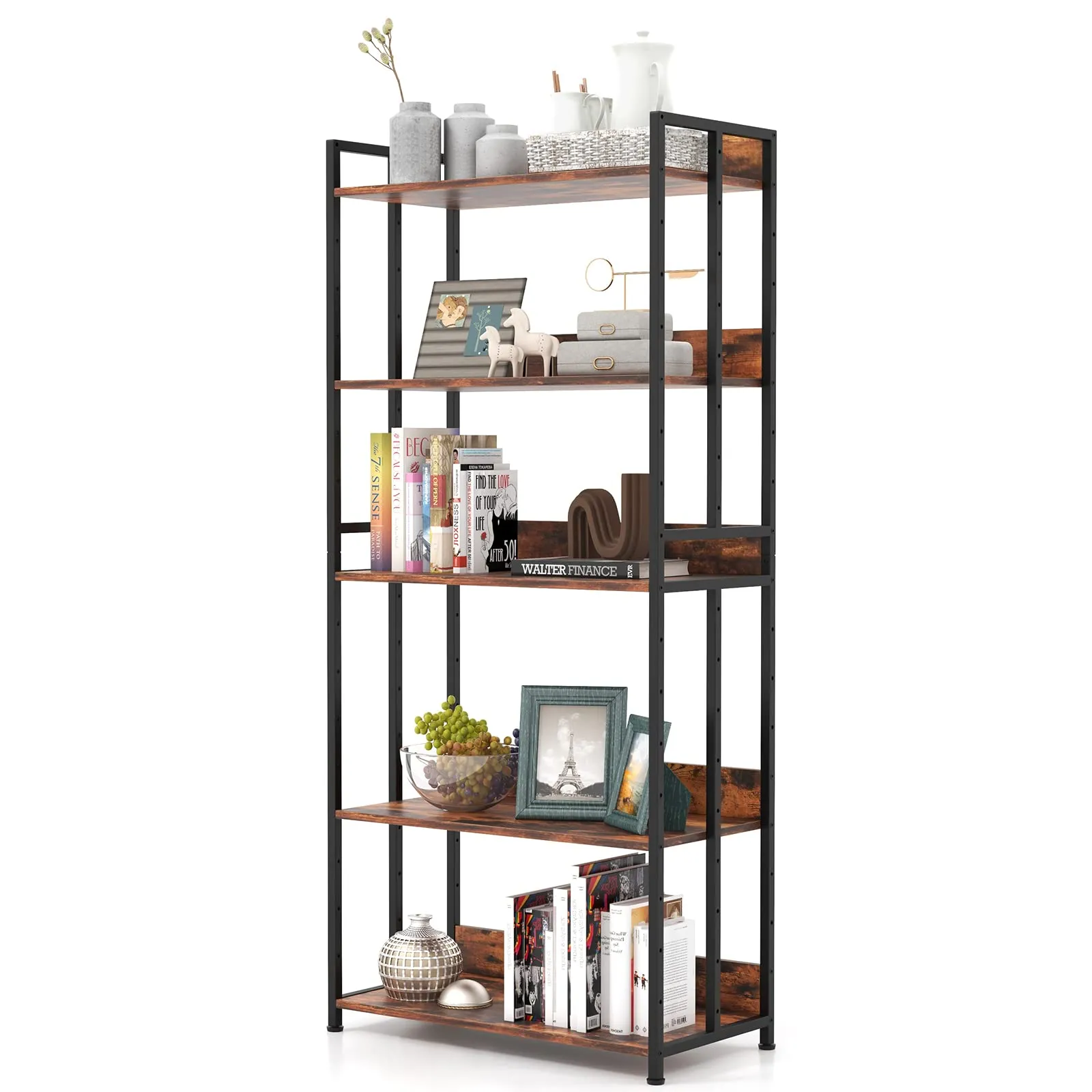 Tangkula Bookshelf, 5 Tier Industrial Book Shelf with Adjustable Shelves and Metal Frame