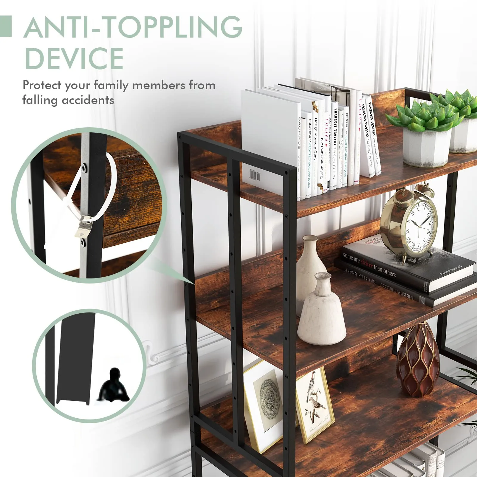 Tangkula Bookshelf, 5 Tier Industrial Book Shelf with Adjustable Shelves and Metal Frame
