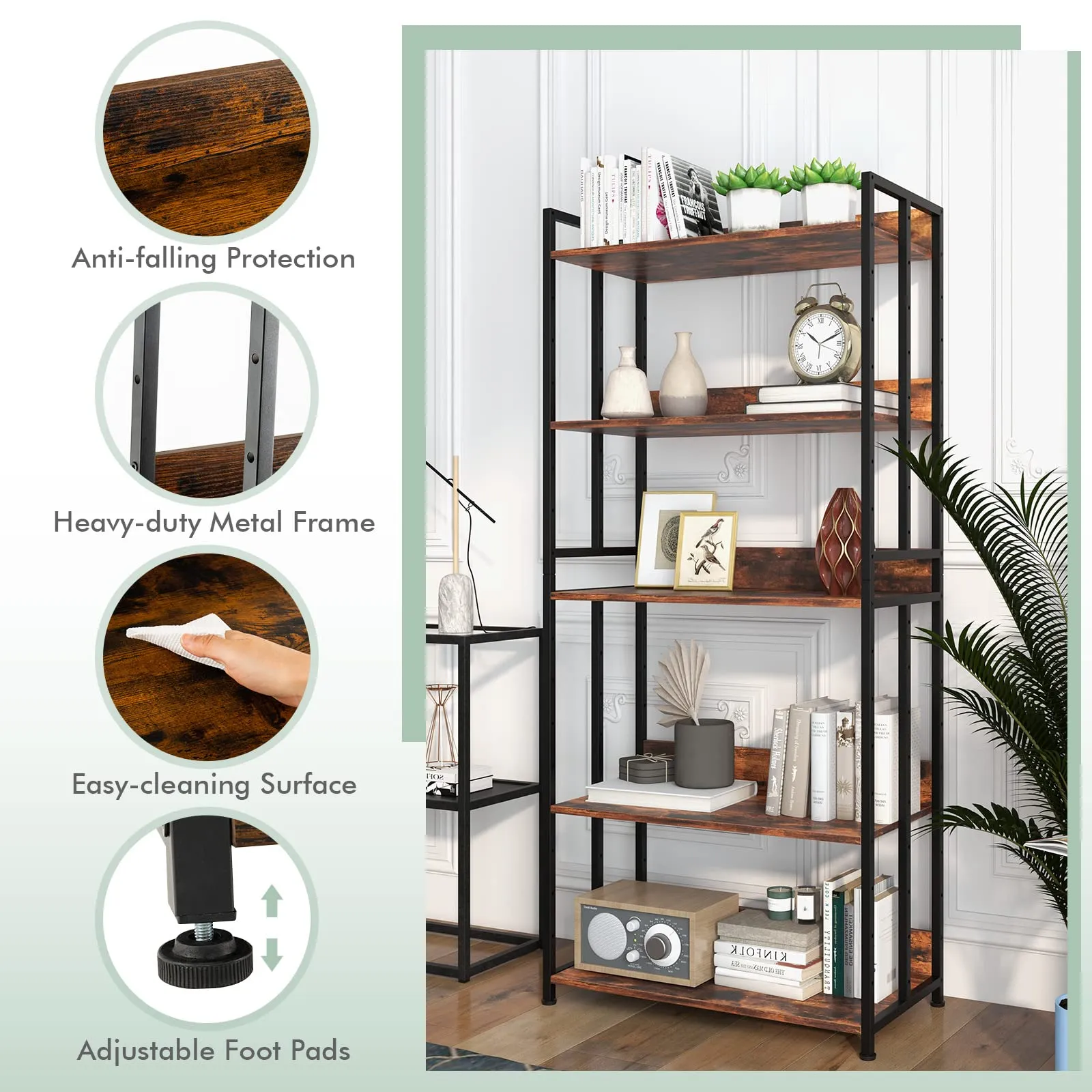 Tangkula Bookshelf, 5 Tier Industrial Book Shelf with Adjustable Shelves and Metal Frame