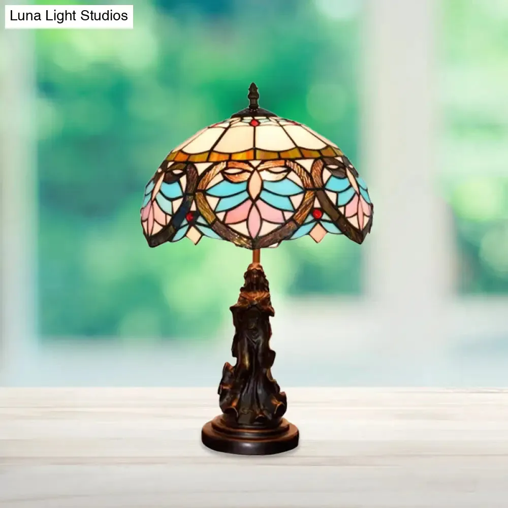 Tiffany Style Stained Glass Dome Table Lamp - Beige/Blue Color, Bronze Finish, Angel Decoration - 1 Bulb Included