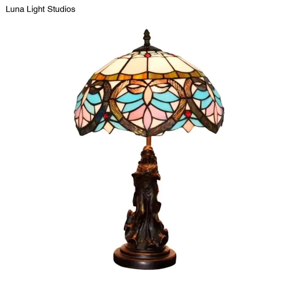 Tiffany Style Stained Glass Dome Table Lamp - Beige/Blue Color, Bronze Finish, Angel Decoration - 1 Bulb Included