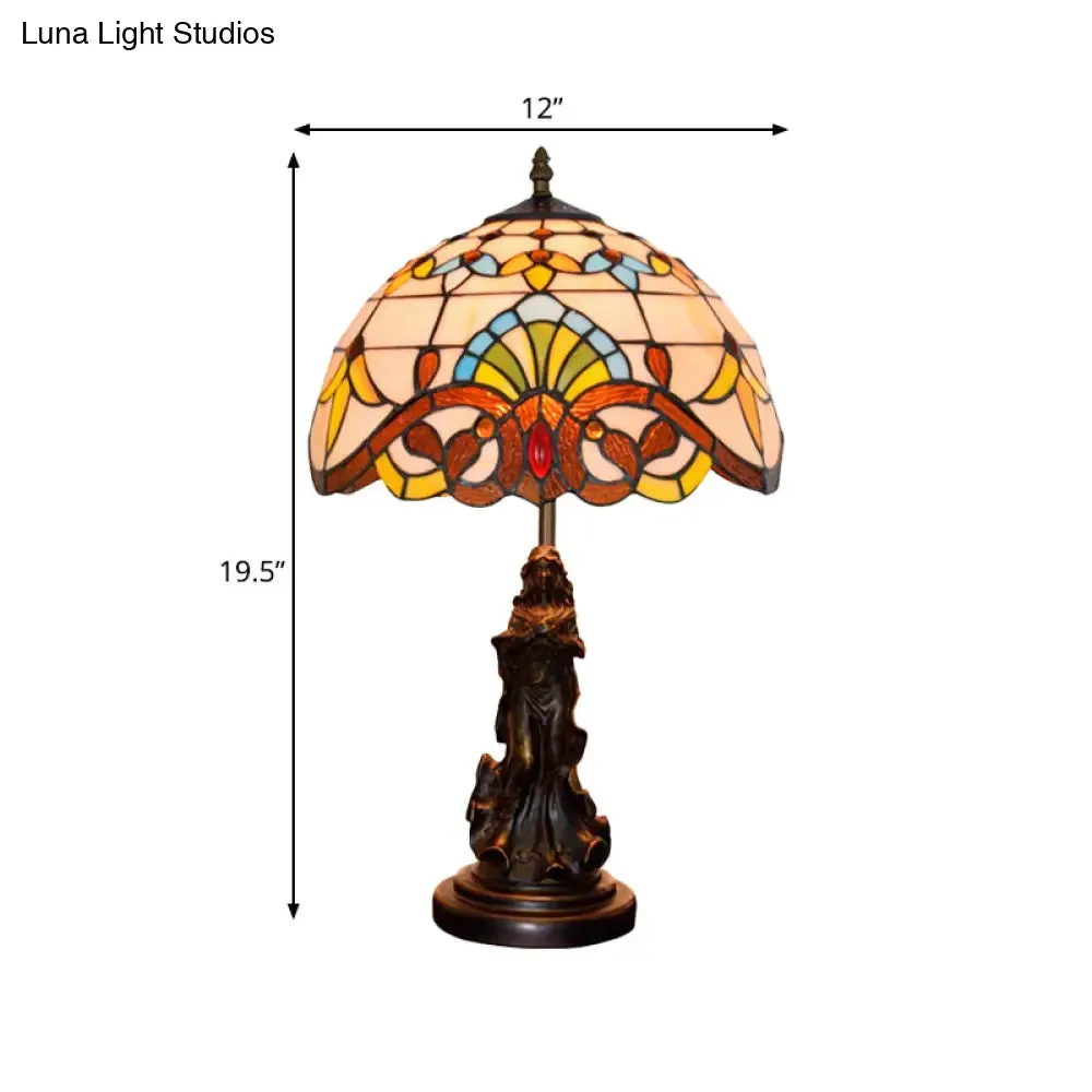 Tiffany Style Stained Glass Dome Table Lamp - Beige/Blue Color, Bronze Finish, Angel Decoration - 1 Bulb Included