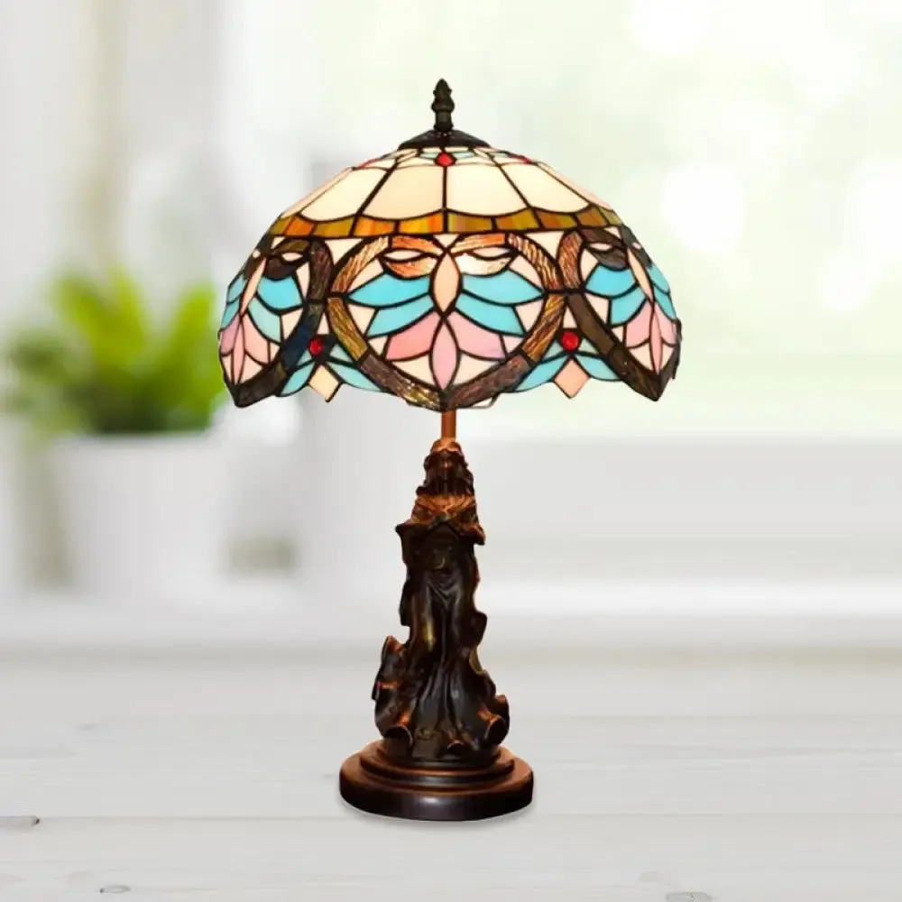 Tiffany Style Stained Glass Dome Table Lamp - Beige/Blue Color, Bronze Finish, Angel Decoration - 1 Bulb Included