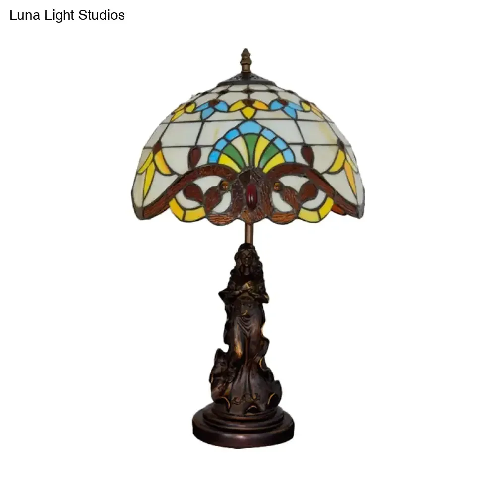 Tiffany Style Stained Glass Dome Table Lamp - Beige/Blue Color, Bronze Finish, Angel Decoration - 1 Bulb Included