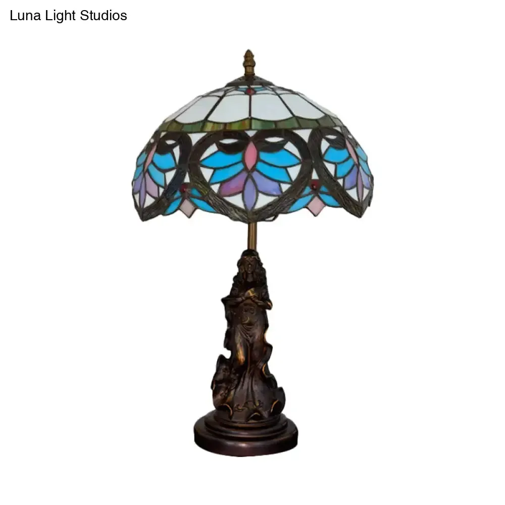 Tiffany Style Stained Glass Dome Table Lamp - Beige/Blue Color, Bronze Finish, Angel Decoration - 1 Bulb Included