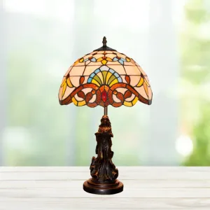 Tiffany Style Stained Glass Dome Table Lamp - Beige/Blue Color, Bronze Finish, Angel Decoration - 1 Bulb Included