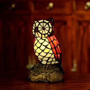 Tiffany Style Stained Glass Owl Shaped Nightstand Lamp, Red Shade, 1 Light with Resin Base