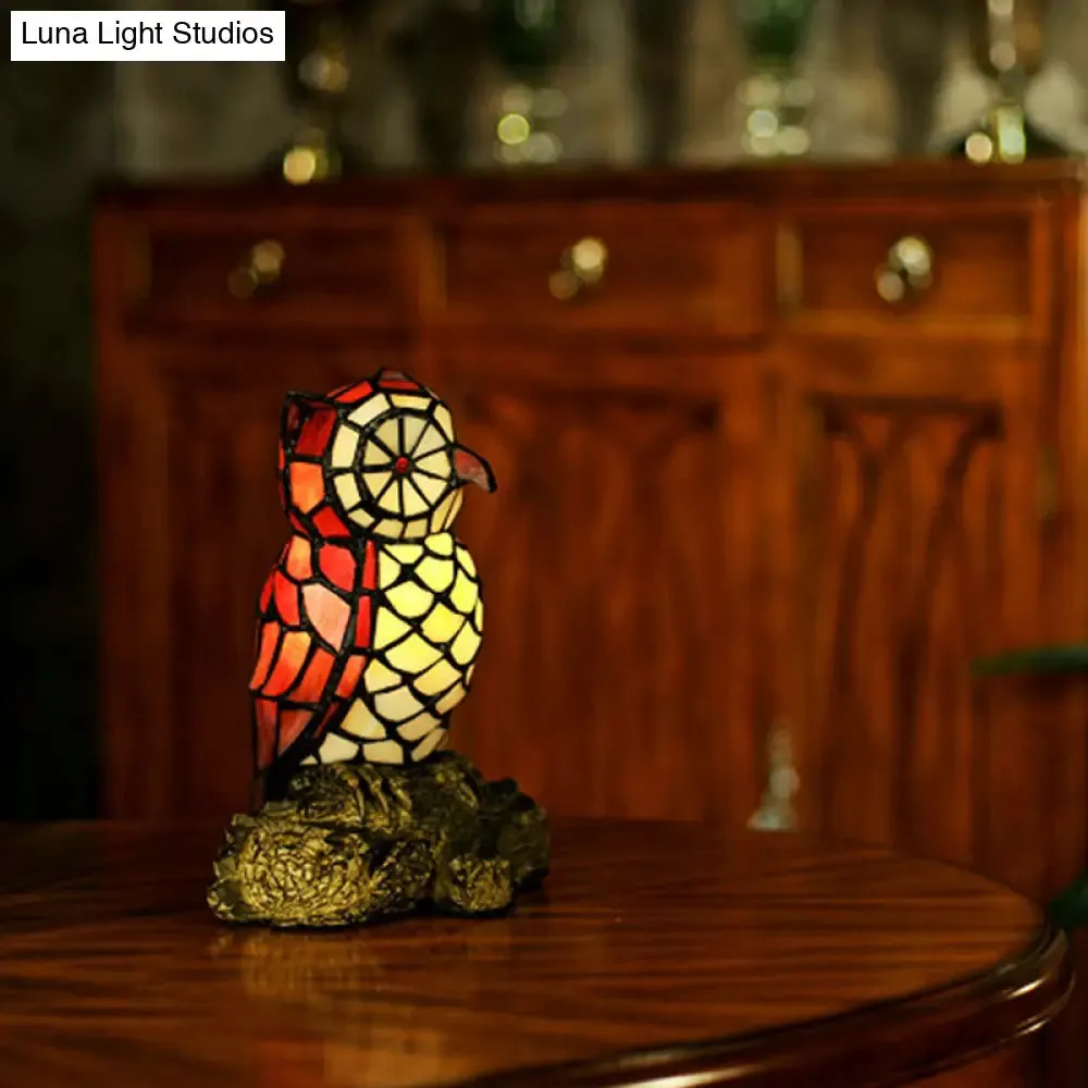 Tiffany Style Stained Glass Owl Shaped Nightstand Lamp, Red Shade, 1 Light with Resin Base