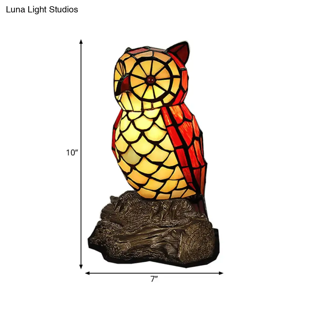 Tiffany Style Stained Glass Owl Shaped Nightstand Lamp, Red Shade, 1 Light with Resin Base