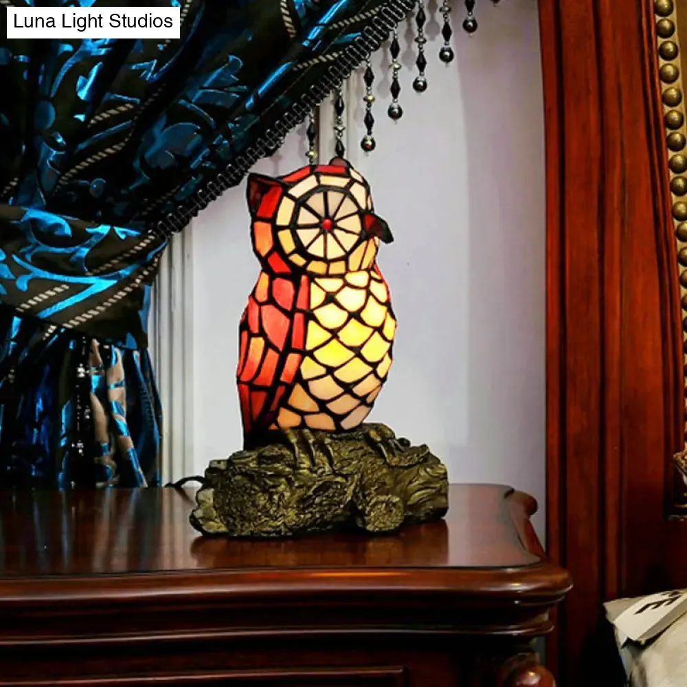 Tiffany Style Stained Glass Owl Shaped Nightstand Lamp, Red Shade, 1 Light with Resin Base
