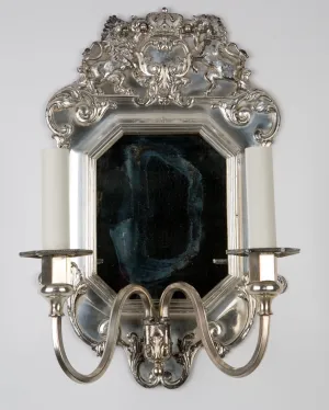 Two Arm Sheffield Mirrorback Sconces in Silverplate