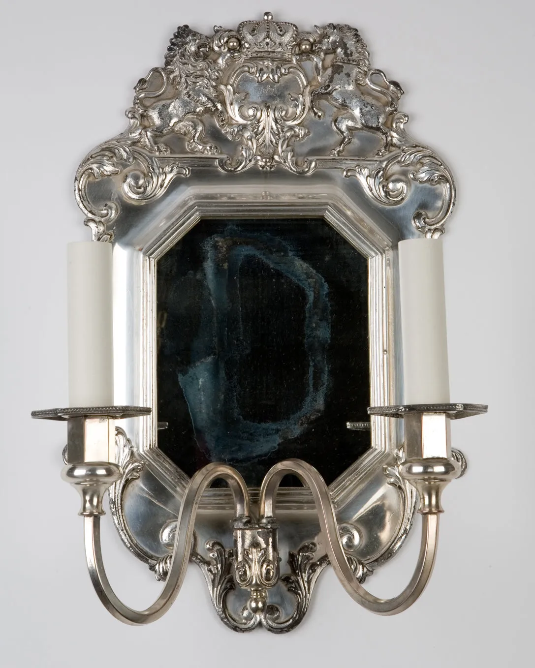 Two Arm Sheffield Mirrorback Sconces in Silverplate