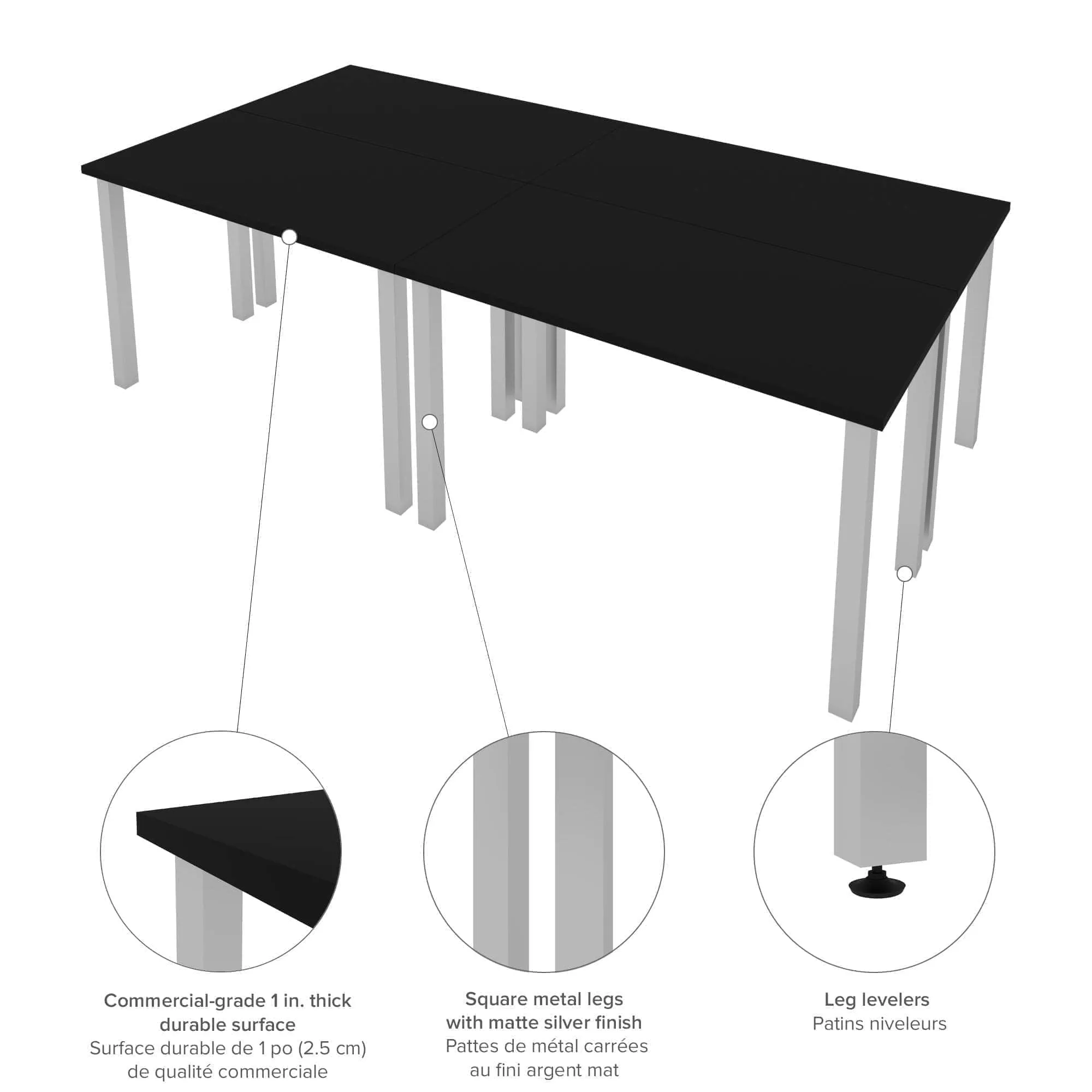 Universel 4-Piece Set Including 4 24″ × 48″ Table Desks with Square Metal Legs - Available in 3 Colours