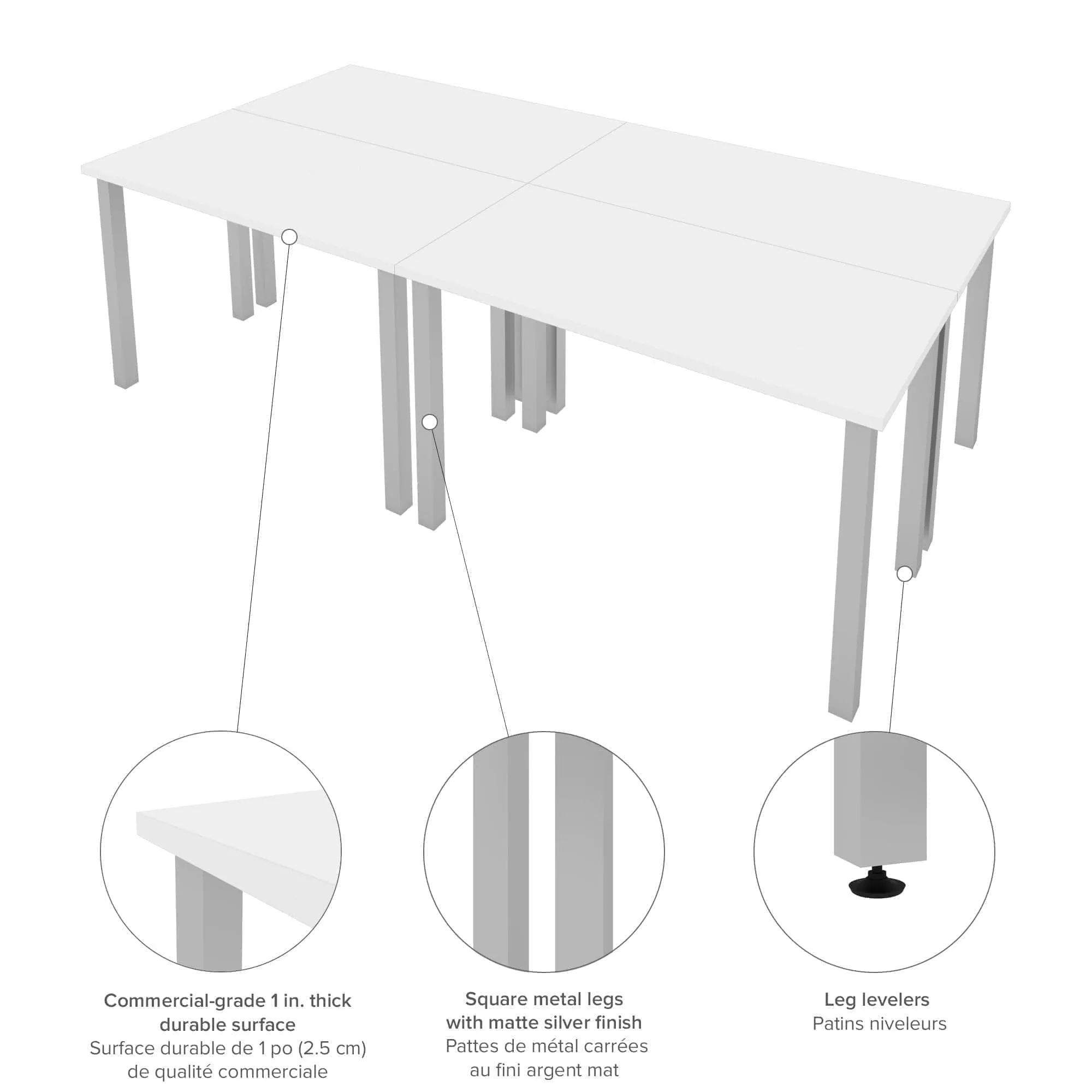 Universel 4-Piece Set Including 4 24″ × 48″ Table Desks with Square Metal Legs - Available in 3 Colours