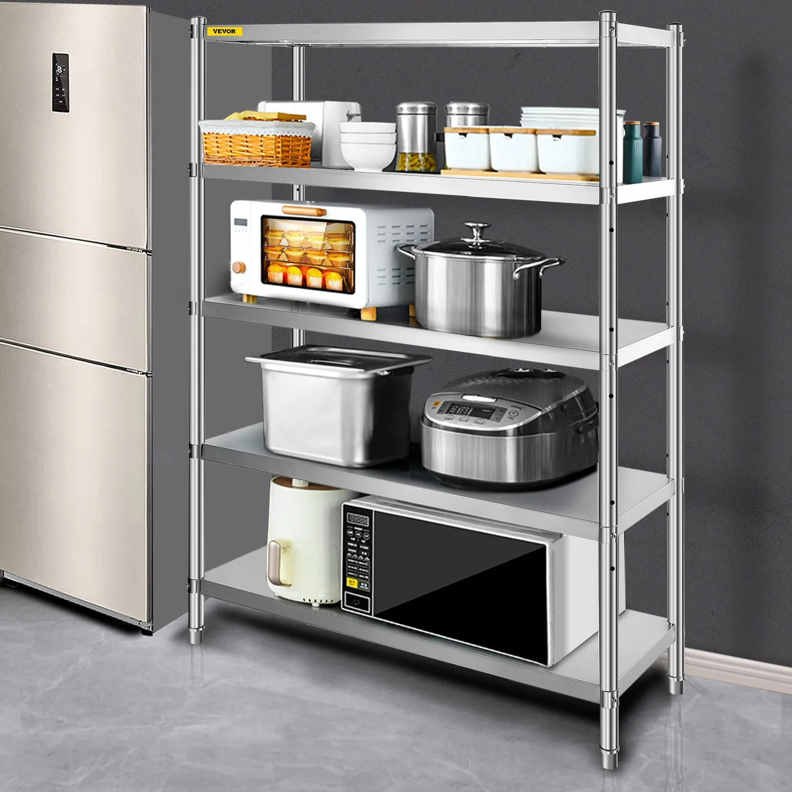 VEVOR Stainless Steel Shelves 47.5x18 Inch 5 Tier Adjustable Shelf Storage Unit Stainless Steel Rack Shelving Heavy Duty Shelving for Kitchen Commercial Office Garage Storage 330lb Per Shelf