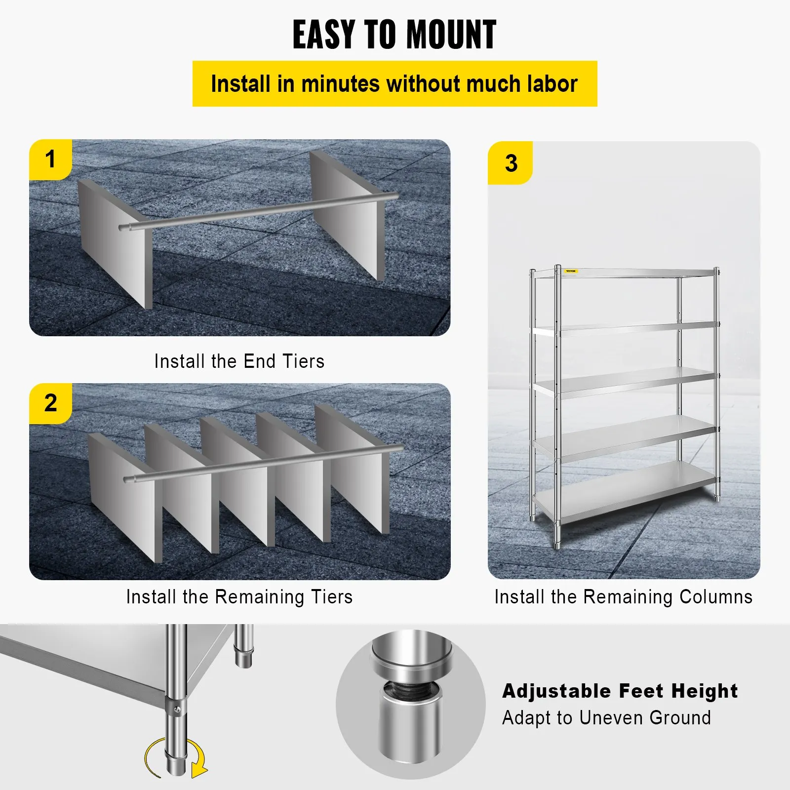 VEVOR Stainless Steel Shelves 47.5x18 Inch 5 Tier Adjustable Shelf Storage Unit Stainless Steel Rack Shelving Heavy Duty Shelving for Kitchen Commercial Office Garage Storage 330lb Per Shelf