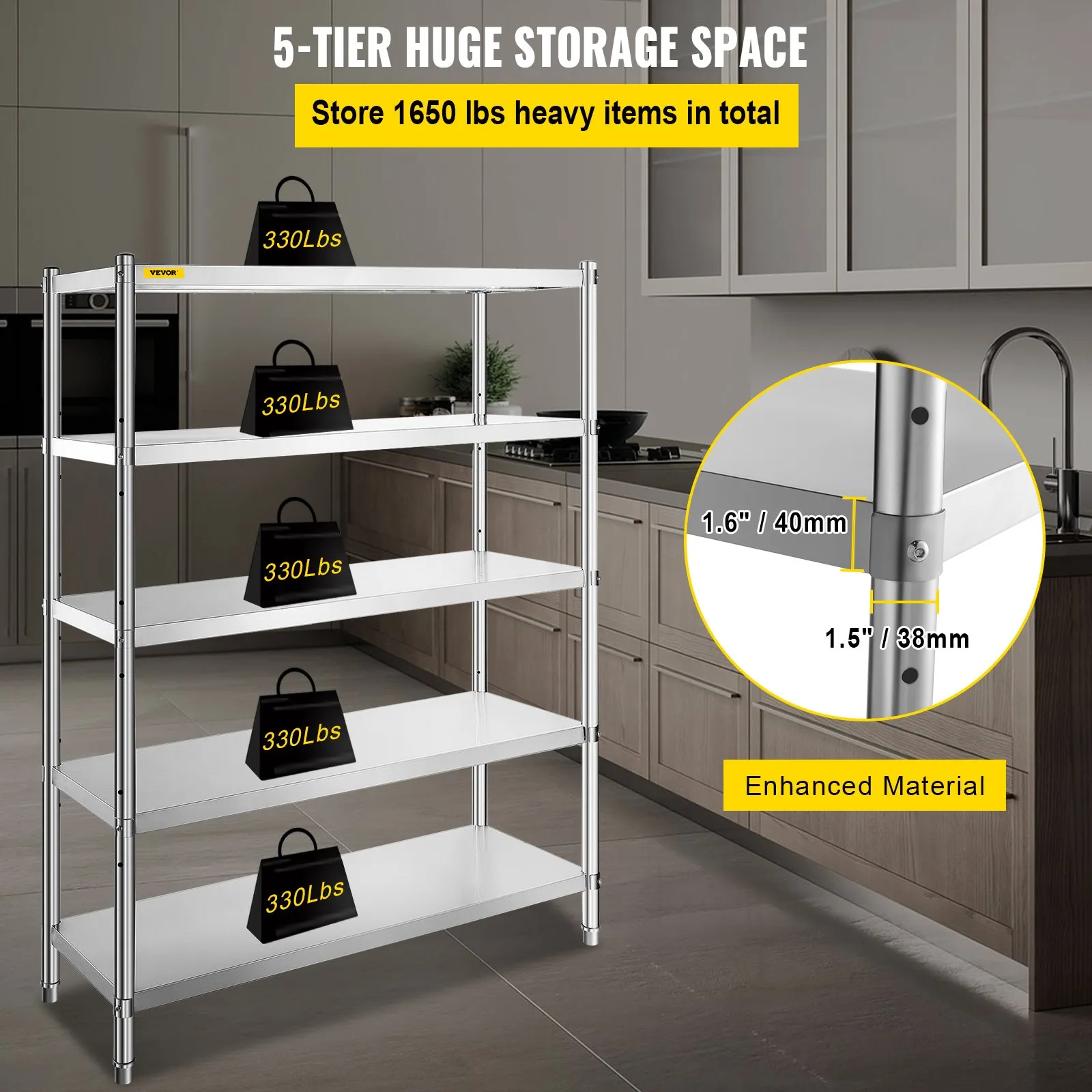 VEVOR Stainless Steel Shelves 47.5x18 Inch 5 Tier Adjustable Shelf Storage Unit Stainless Steel Rack Shelving Heavy Duty Shelving for Kitchen Commercial Office Garage Storage 330lb Per Shelf