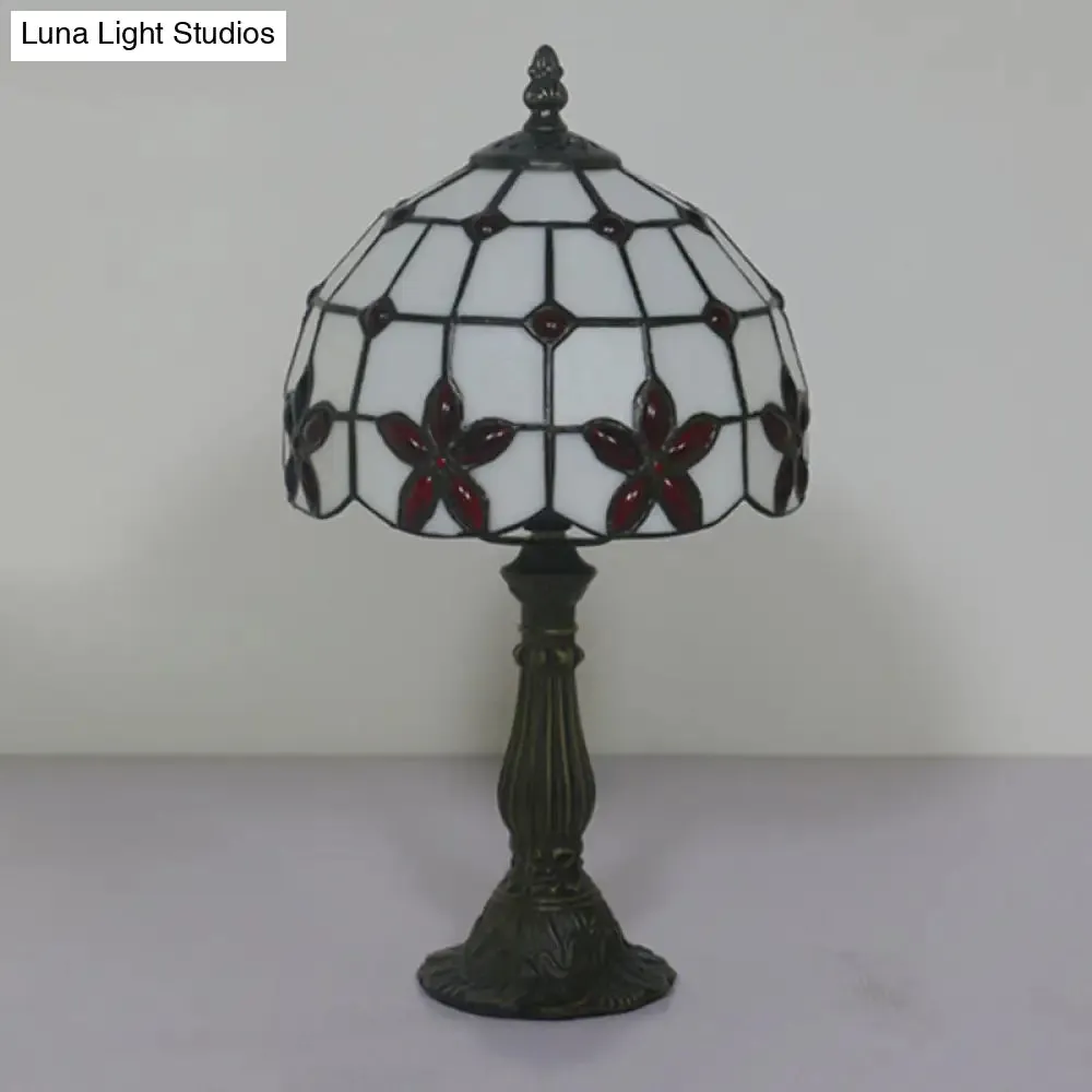 Victorian Lattice Glass Table Lamp - White Bowl Design, 1 Light, Red/Yellow/Blue Floral Pattern - Nightstand Decor