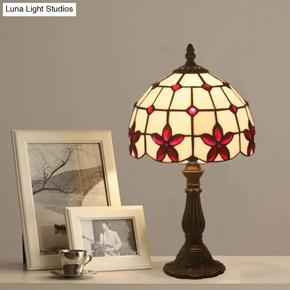 Victorian Lattice Glass Table Lamp - White Bowl Design, 1 Light, Red/Yellow/Blue Floral Pattern - Nightstand Decor