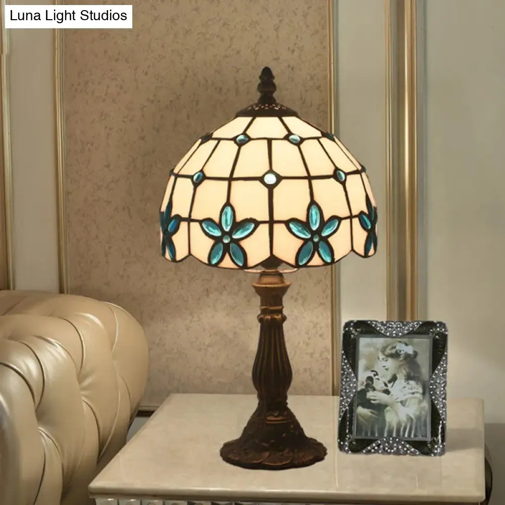 Victorian Lattice Glass Table Lamp - White Bowl Design, 1 Light, Red/Yellow/Blue Floral Pattern - Nightstand Decor