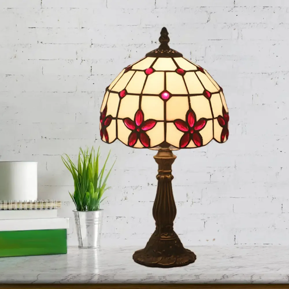 Victorian Lattice Glass Table Lamp - White Bowl Design, 1 Light, Red/Yellow/Blue Floral Pattern - Nightstand Decor