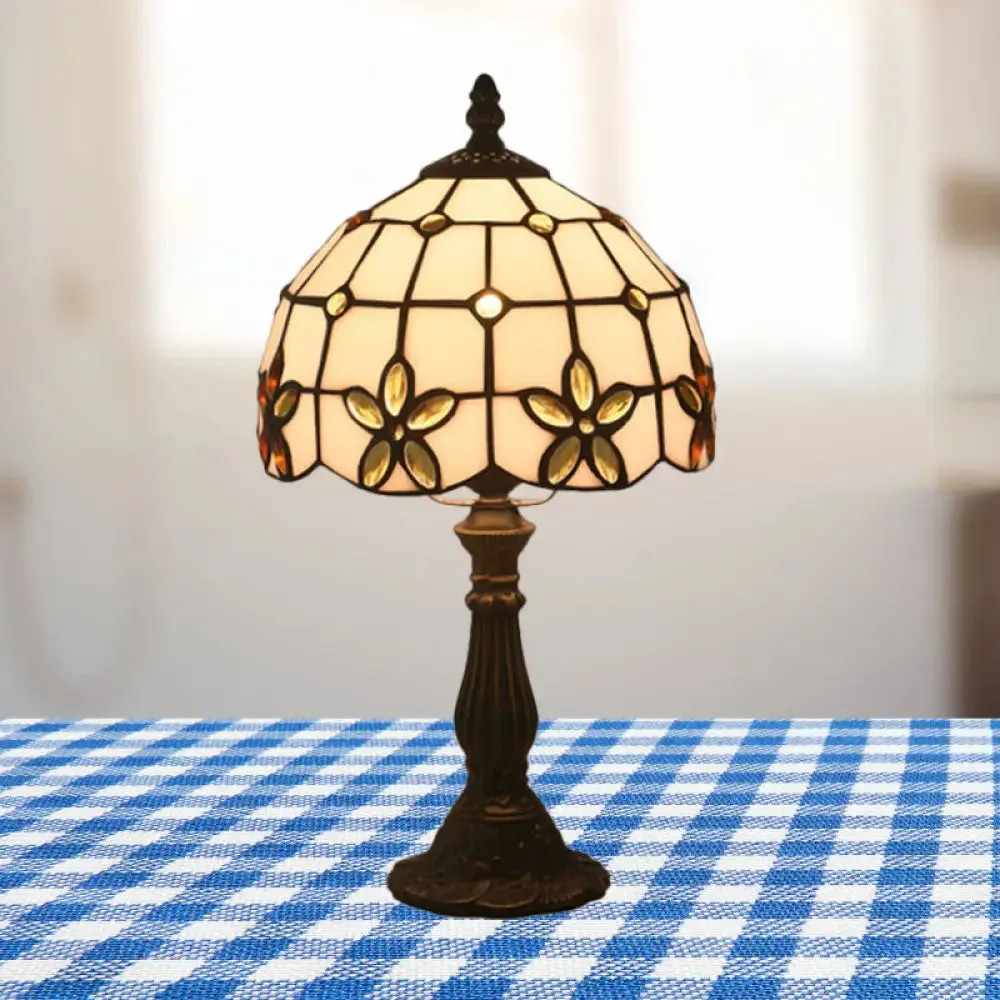 Victorian Lattice Glass Table Lamp - White Bowl Design, 1 Light, Red/Yellow/Blue Floral Pattern - Nightstand Decor