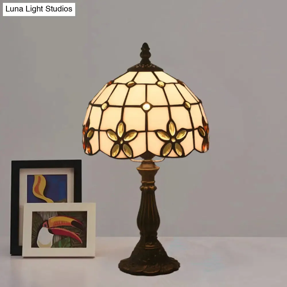 Victorian Lattice Glass Table Lamp - White Bowl Design, 1 Light, Red/Yellow/Blue Floral Pattern - Nightstand Decor