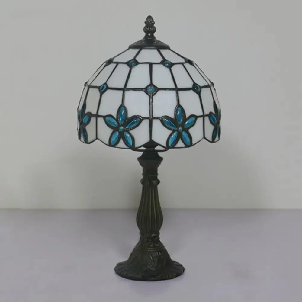 Victorian Lattice Glass Table Lamp - White Bowl Design, 1 Light, Red/Yellow/Blue Floral Pattern - Nightstand Decor