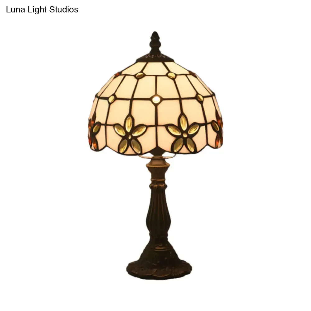 Victorian Lattice Glass Table Lamp - White Bowl Design, 1 Light, Red/Yellow/Blue Floral Pattern - Nightstand Decor