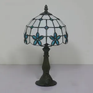 Victorian Lattice Glass Table Lamp - White Bowl Design, 1 Light, Red/Yellow/Blue Floral Pattern - Nightstand Decor