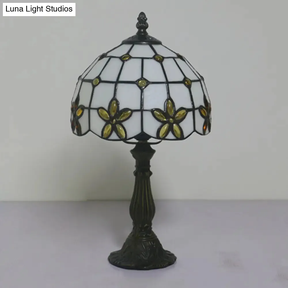 Victorian Lattice Glass Table Lamp - White Bowl Design, 1 Light, Red/Yellow/Blue Floral Pattern - Nightstand Decor