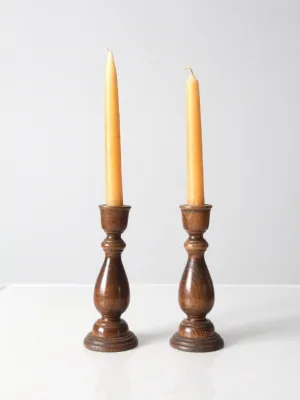 vintage Basketville wood candle holders pair