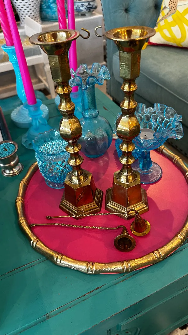 Vintage Brass Candlesticks With Snuffers, Options to buy as a pair or single