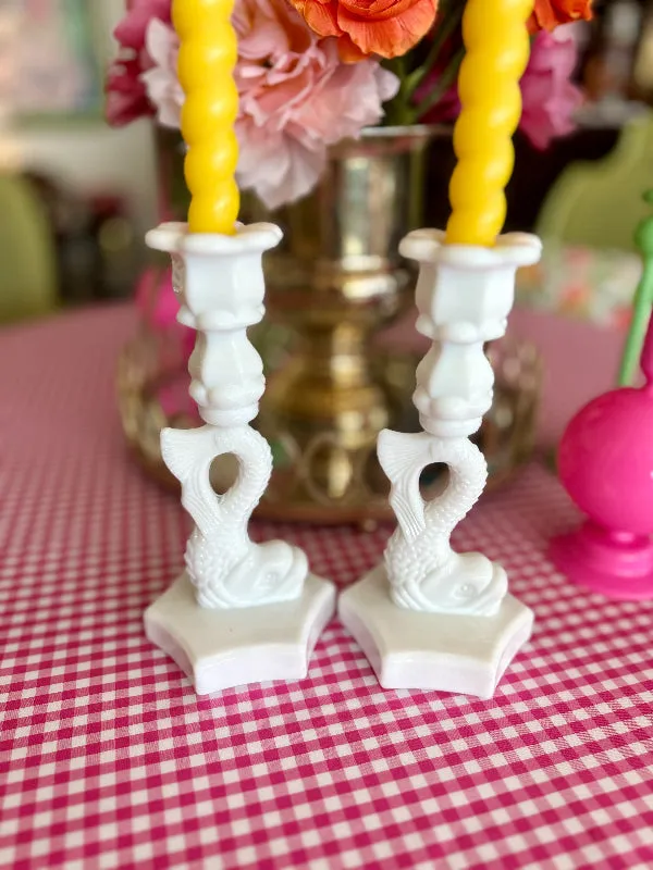 Vintage Candle Holders, Koi Fish, Westmoreland MIlk Glass, Pair