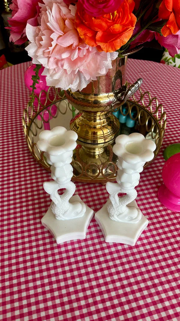 Vintage Candle Holders, Koi Fish, Westmoreland MIlk Glass, Pair
