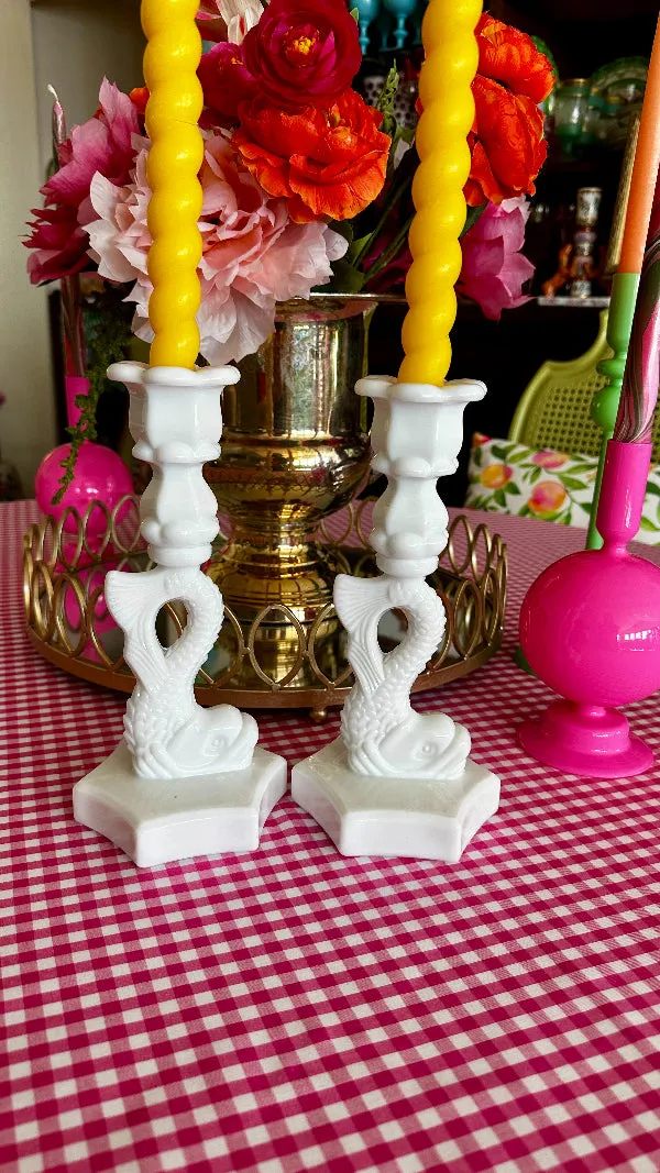 Vintage Candle Holders, Koi Fish, Westmoreland MIlk Glass, Pair
