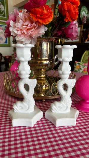 Vintage Candle Holders, Koi Fish, Westmoreland MIlk Glass, Pair