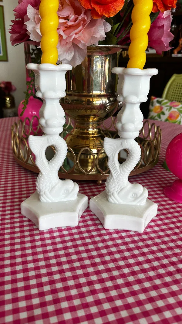 Vintage Candle Holders, Koi Fish, Westmoreland MIlk Glass, Pair