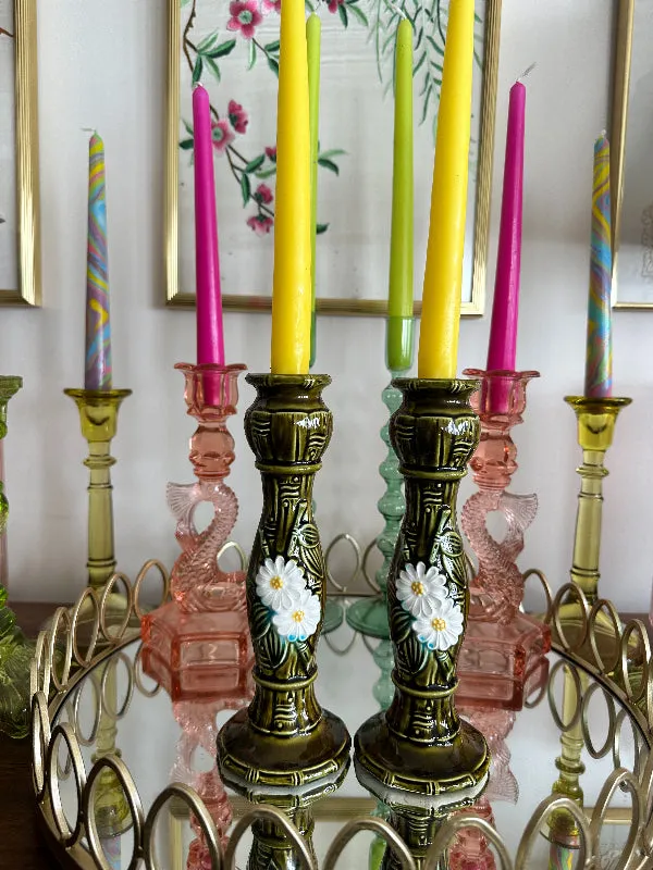 Vintage Candle Holders,  Majolica Style Green Bamboo and Daisy, Mid Century Modern