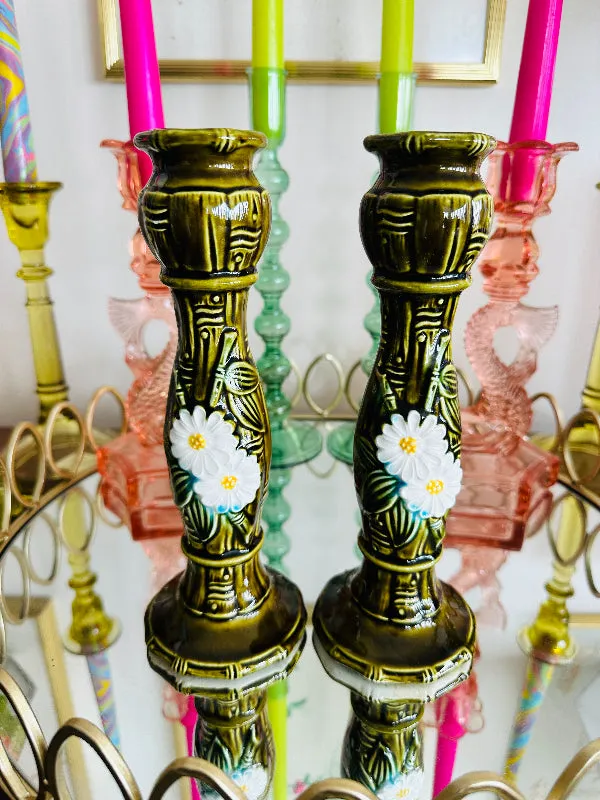 Vintage Candle Holders,  Majolica Style Green Bamboo and Daisy, Mid Century Modern