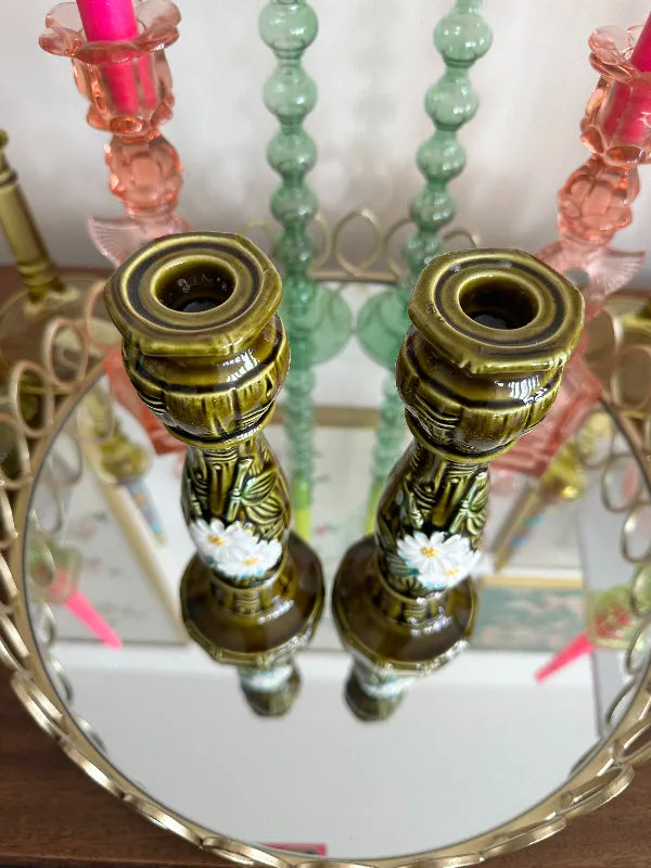 Vintage Candle Holders,  Majolica Style Green Bamboo and Daisy, Mid Century Modern