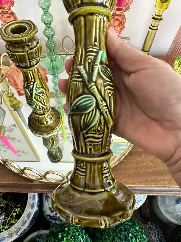 Vintage Candle Holders,  Majolica Style Green Bamboo and Daisy, Mid Century Modern